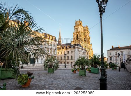 Sunset view on the old town with saint Croix cathedral in Orleans city in France
