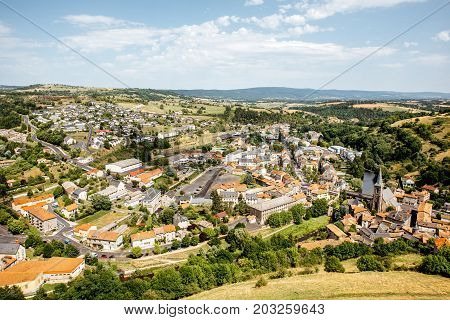 Aerial cityscape view on Saint Flour town in Cantal region in France