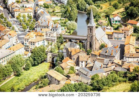Aerial cityscape view on Saint Flour town in Cantal region in France