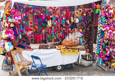 OAXACA MEXICO - MARCH 4: Small stand selling souvenirs in Oaxaca Mexico on March 4 2017