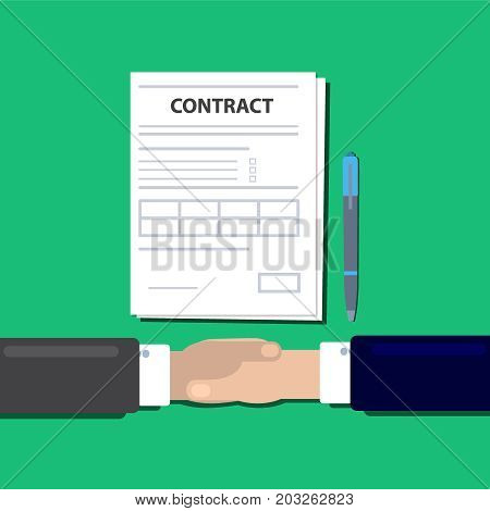 Businessmen handshake concept of agreeing to sign contract. Trendy flat design with shadow top view. Vector Illsutration
