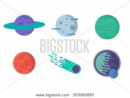Fantasy colorful planets set. Cool flat cosmic collection of planets with comet. Vector illustration.