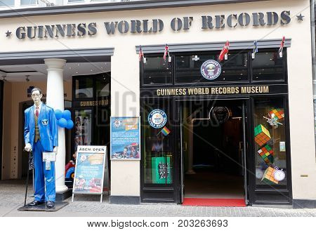 Copenhagen Denmark - August 24 2017: The entrance to the Guinness world of records museum located at Ostergade 16 in downtown Copenhagen.