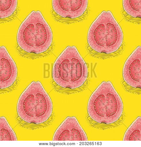 Seamless Vector Pattern with Ripe Guava on a Yellow Background