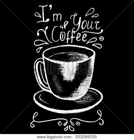 Cappuccino coffee cup white chalk on blackboard. Coffee shop or cafe menu handdrawn illustration and lettering. Small cup of coffee chalkboard drawing. Breakfast coffee. Hot beverage. Energy drink