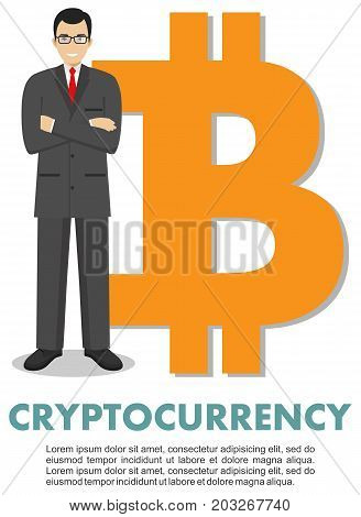 Businessman with bitcoin sign. Bitcoin sign digital currency cryptocurrency electronic money. Cryptocurrency concept. Bitcoin mining exchange mobile banking.
