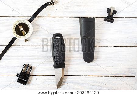 Black Accessories For Hunting On A White Background. View From Above. Flat Lay.