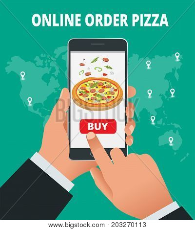 Ecommerce concept: order food online website. Fast food pizza delivery online service. Flat isometric vector illustration. Can be used for advertisement, infographic, game or mobile apps icon.