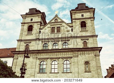 Church of the Holy Trinity in Kosice Slovak republic. Religious architecture. Old photo filter.