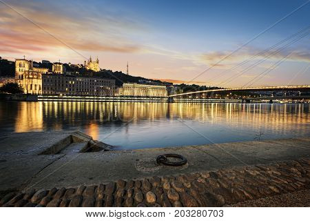 View of Saone river in Lyon city at evening France