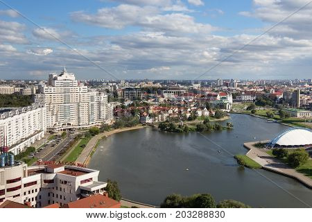 MINSK, BELARUS - AUGUST 15, 2016: Aerial view of the south part of the Minsk with Trinity Hill Liberty Square Sport complex and Svislach River. Minsk is the capital and largest city of Belarus.