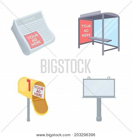Newspapers, a bus stop, a mail box, a billboard.Advertising, set collection icons in cartoon style vector symbol stock illustration .