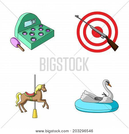 A game with a bat, a target with a gun, a horse on a carousel, a swan attraction. Amusement park set collection icons in cartoon style vector symbol stock illustration .