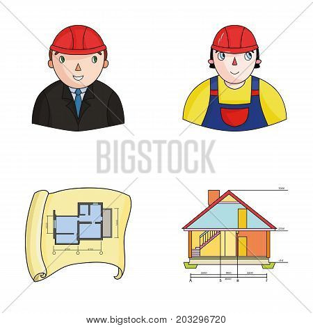 Engineer-constructor, construction worker, site plan, technical drawing of the house. Architecture set collection icons in cartoon style vector symbol stock illustration .
