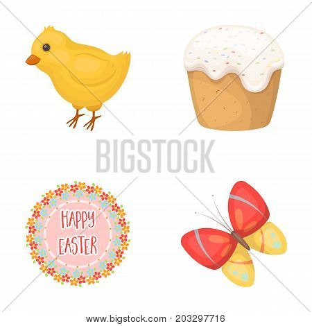 Easter cake, chicken, butterfly and greeting sign.Easter set collection icons in cartoon style vector symbol stock illustration .