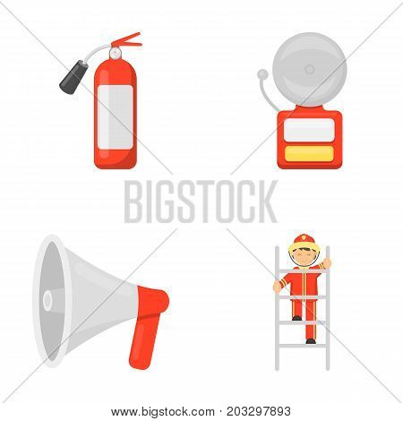 Fire extinguisher, alarm, megaphone, fireman on the stairs. Fire departmentset set collection icons in cartoon style vector symbol stock illustration .
