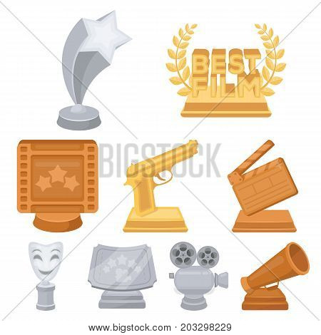 A set of awards for the movie viewings. Gold, silver and bronze awards to the Director, the actor. Moovie awards icon in set collection on cartoon style vector symbol stock web illustration.