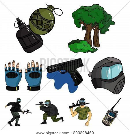 A collection of pictures about the game in paintball. The balloons with paint.Paintball icon in set collection on cartoon style vector symbol stock web illustration.