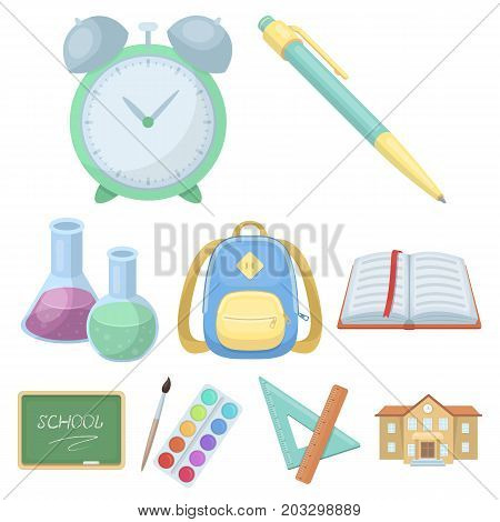 Set of pictures about the school. Study training. Supplies for school.Outfit of the student. School and eduacation icon in set collection on cartoon style vector symbol stock web illustration.