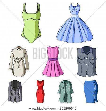 Collection of icons of womens clothing. Various women's clothes for work, walking, sports. Women clothing icon in set collection on cartoon style vector symbol stock web illustration.