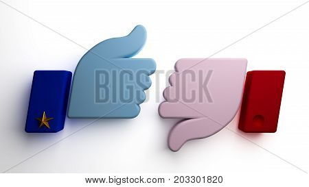 Blue like and red dislike hand symbols on white background for use in approval rating infographic presentations.
