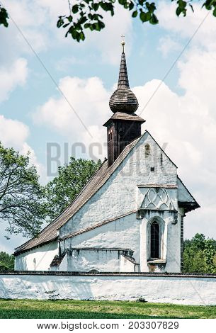 Chapel of Our Mother God near Veveri castle Moravia Czech republic. Travel destination. Religious architecture. Blue photo filter.