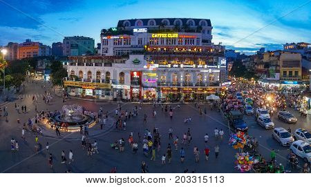 Hanoi City Centre Aerial View Panorama With Tourists And Locals Enjoying The Evening