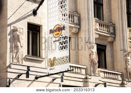 Budapest Hungary - 2017 May 27 : The sign on the facade of the Hard Rock Cafe on the Vorosmarty square in the Vaci 1 building in Budapest Hungary