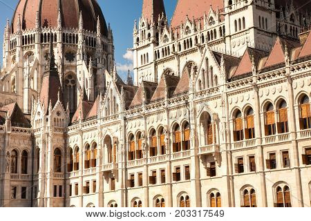 A detail of the white marble neo-gothic parliament building of Hungary in the capital Budapest
