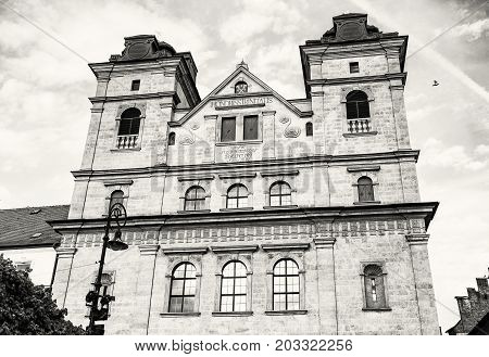 Church of the Holy Trinity in Kosice Slovak republic. Religious architecture. Black and white photo.