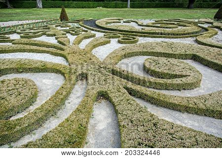 Garden labyrinth in Schloss Niederweiden in Austria. Travel destination. Detail photo.