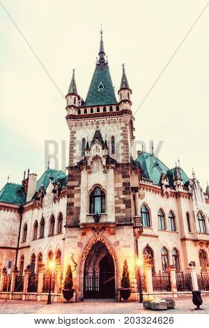Beautiful Jakab's palace in Kosice city Slovak republic. Evening photo. Architectural scene. Retro photo filter.