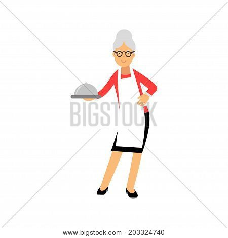 Senior woman character standing and holding platter cloche colorful vector Illustration on a white background