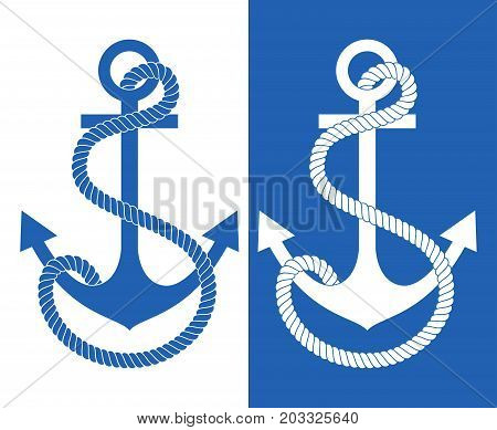 Blue and white anchor. Marine background. Vector illustration.