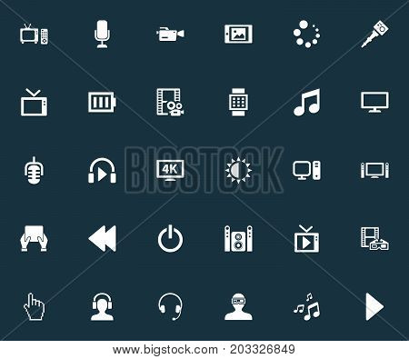 Elements Selfie Stick, Microphone, Multimedia And Other Synonyms Touchscreen, Glasses And Downloading.  Vector Illustration Set Of Simple  Icons.
