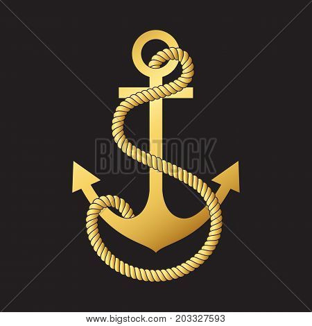 Gold anchor a black background. Vector illustration.