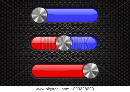 Interface slider bar. Red and blue bar on metal perforated background. Vector illustration