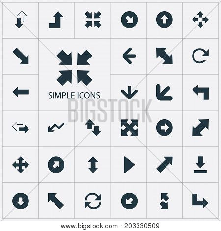 Elements Left Direction, Retrogression, Let Down And Other Synonyms Down, Increasing And Progress.  Vector Illustration Set Of Simple Indicator Icons.
