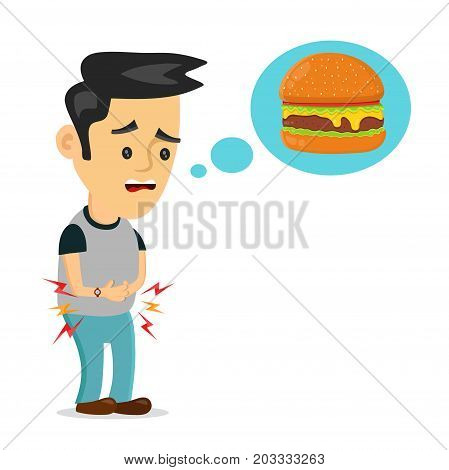 Young suffering sad man is hungry. thinks about food, fast food, burger. Vector flat cartoon illustration icon design. Isolated on white backgound. Hungry concept