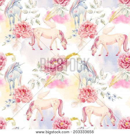 Beautiful vector seamless pattern with hand drawn watercolor unicorns pegasus and flowers