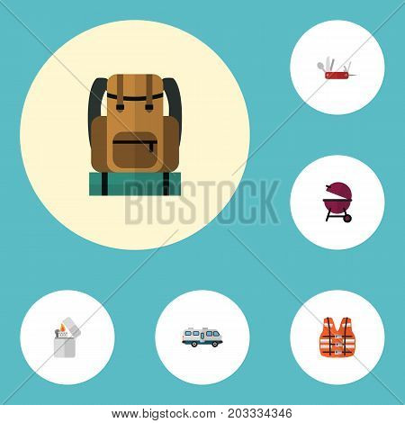 Flat Icons Cigarette, Caravan, Lifesaver And Other Vector Elements