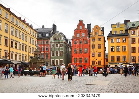 Stockholm, Sweden - July 25, 2017: People in Stortorget square in Stockholm