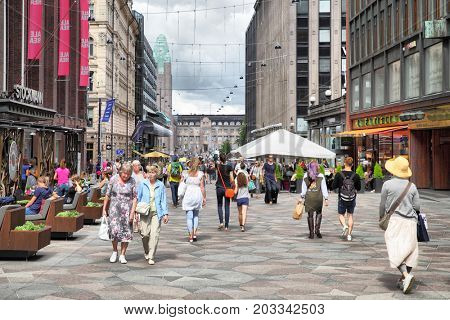 Helsinki, Finland - July 26, 2017:  Pedestrian Keskuskatu street in the centre of Helsinki