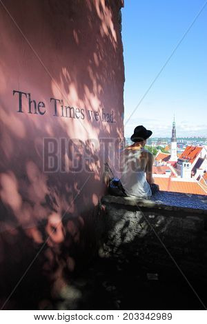 Talliin, Estonia - July 24, 2017:  Viewing point on Toompea Hill in Tallin and sentence 