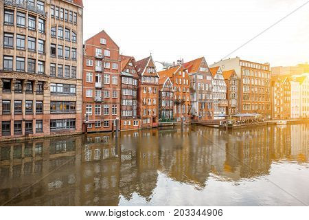 Sunset view on the old buildings in Cremon-Insel region of Hamburg city in Germany