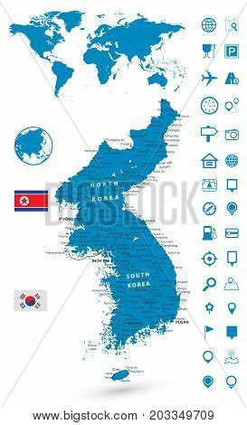 Detailed map of Korean Peninsula with World map navigation set. Vector illustration.