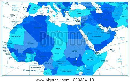 Detailed map of Northern Africa and the Middle East in blue colors