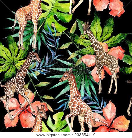 Exotic giraffe wild animal pattern in a watercolor style. Full name of the animal: camelopard. Aquarelle wild animal for background, texture, wrapper pattern or tattoo.