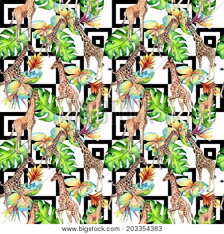 Exotic giraffe wild animal pattern in a watercolor style. Full name of the animal: camelopard. Aquarelle wild animal for background, texture, wrapper pattern or tattoo.