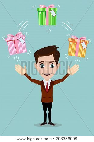 Happy man juggling gift box with bow. Stock flat vector illustration.